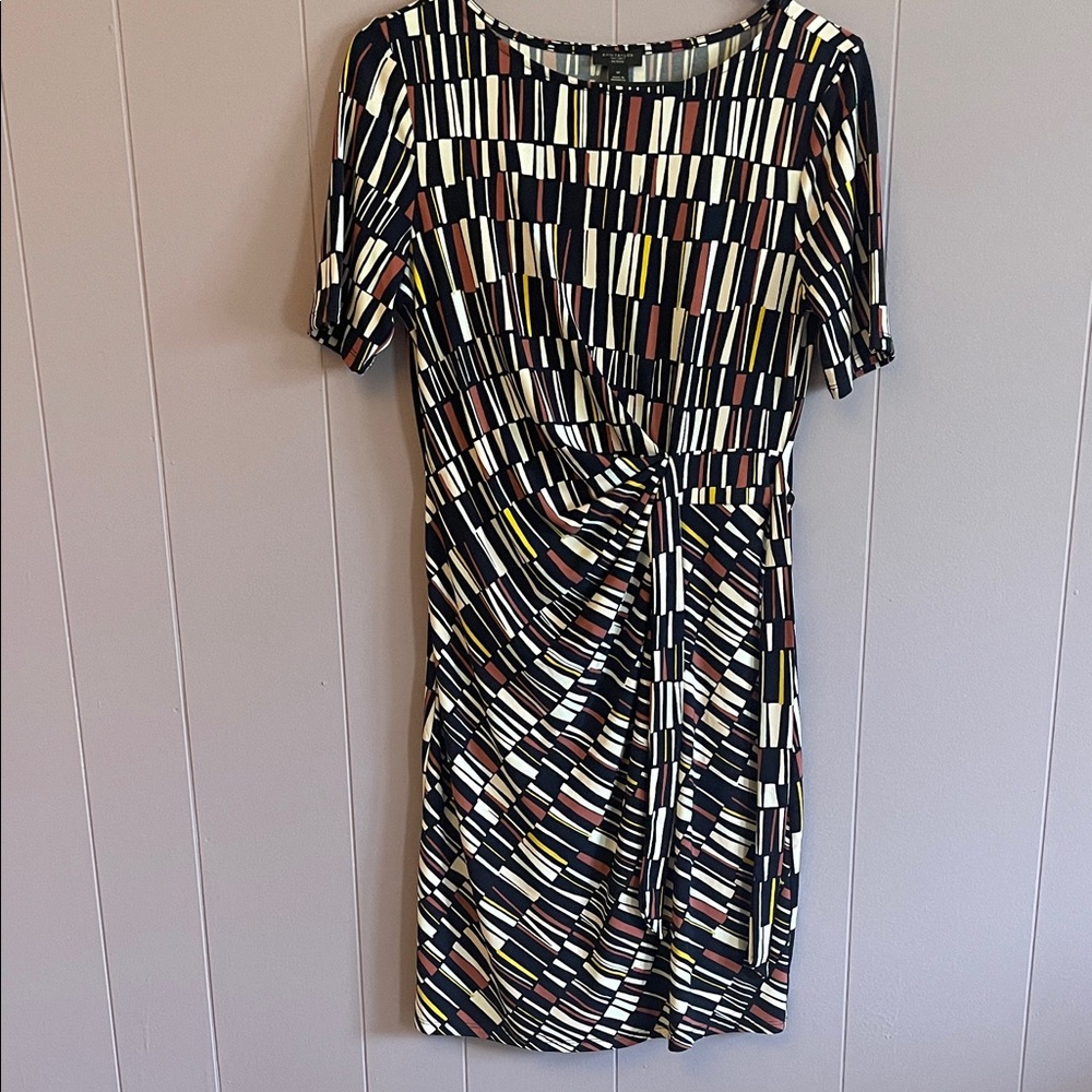 Ann Taylor Black Geometric Midi Dress with Multi-Color Accents